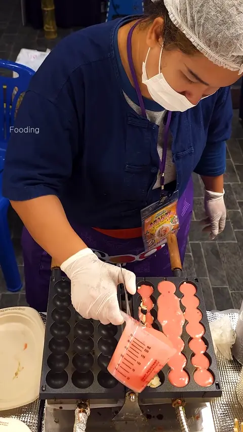 Amazing Pink Bubble Waffle Skewers  - Thai Street Food