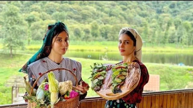 Cooking a special fish kebab with fresh vegetables by the chef's daughter next to a beautiful p