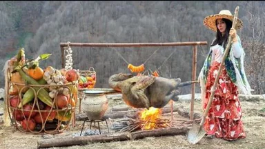 Cooking a big turkey for Christmas Eve dinner in our village!