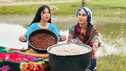 ⁣Cooking Nazri lentil pilaf with minced meat in the village