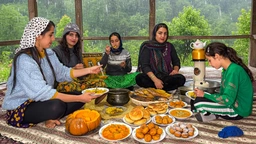 ڕەچەتەی کولەکەی گوێز - کچانی گوند لە ڕۆژێکی باراناویدا چێشت لێدەنێن