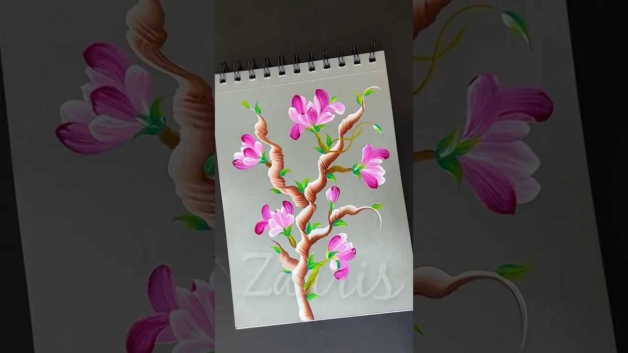 1226 🌺🌿Vibrant PINK Flowers on a branch 🎨 using acrylic paints 💯✨🌿🌺🌼💖🎨🫶 #shorts