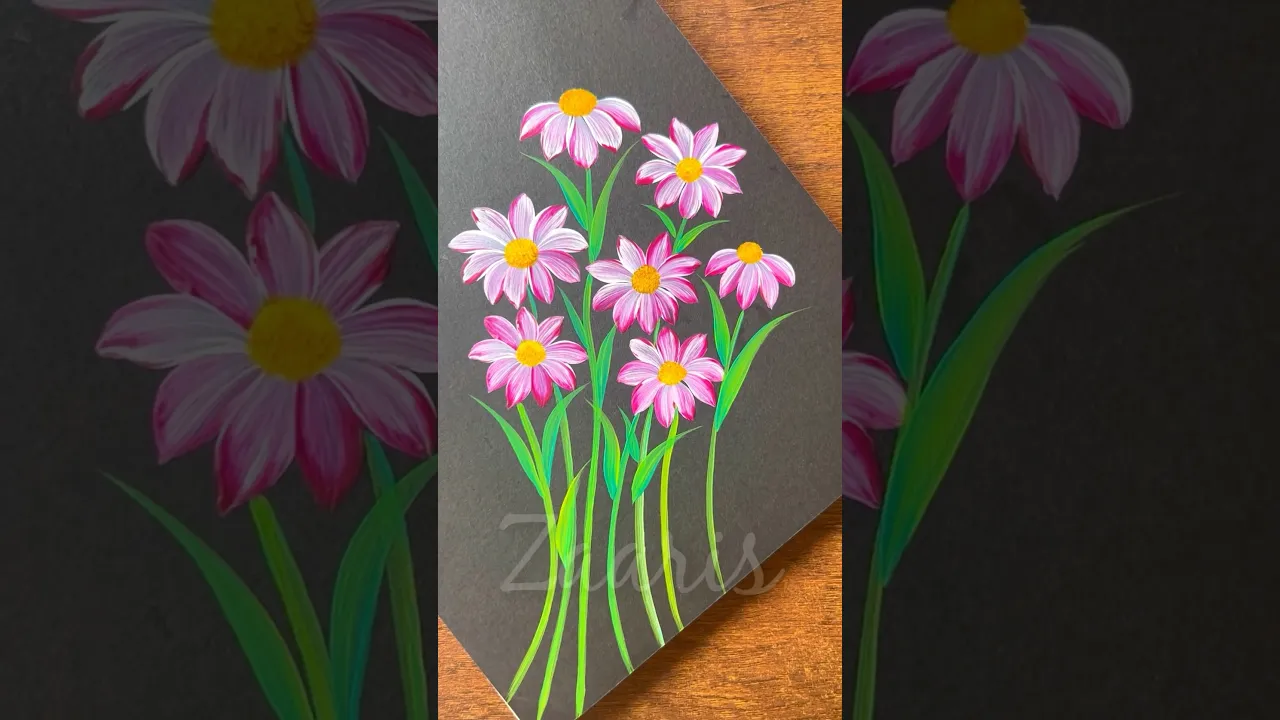 1195 🌸🌿🌺💯🎨🫶EASIEST fuschia pink flowers painting, using acrylic paints 💯🎨🌸❣️💜🫶💖 #shorts