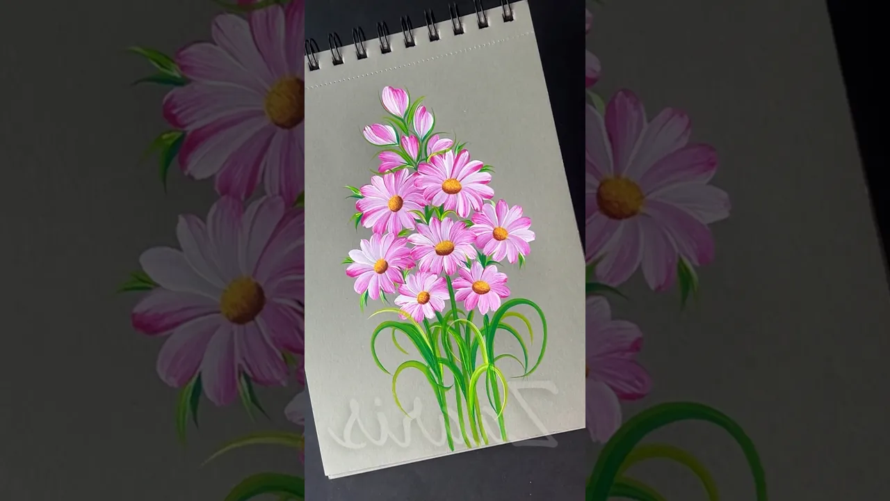 345 Pink flowers 🌸 painting with acrylics 🖌️🎨 #pinkflowers #acrylicpainting #beginnerfriendly