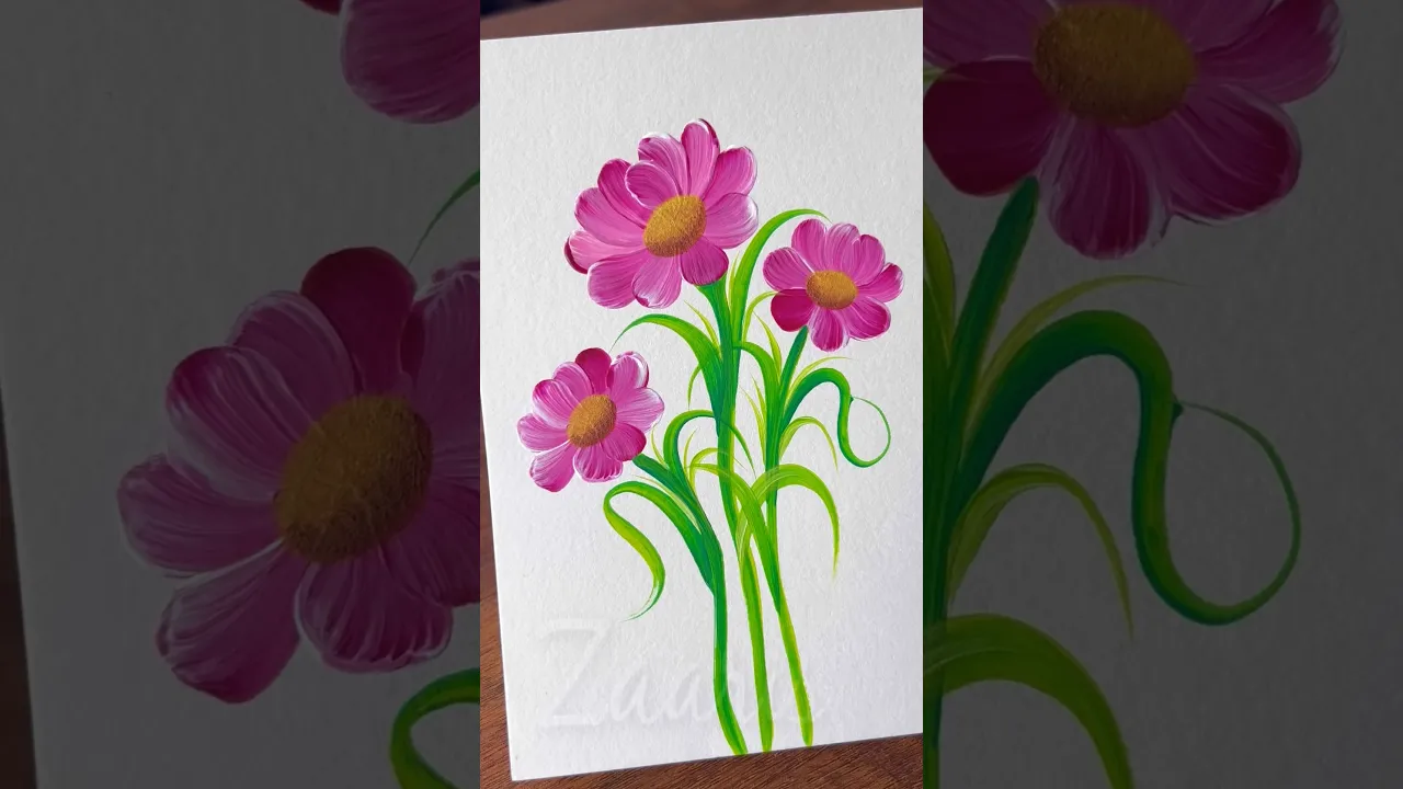 254 💖🌸👌Pink flowers acrylic painting 🎨💯🌈 #shorts #pink #acrylicpainting #drawing