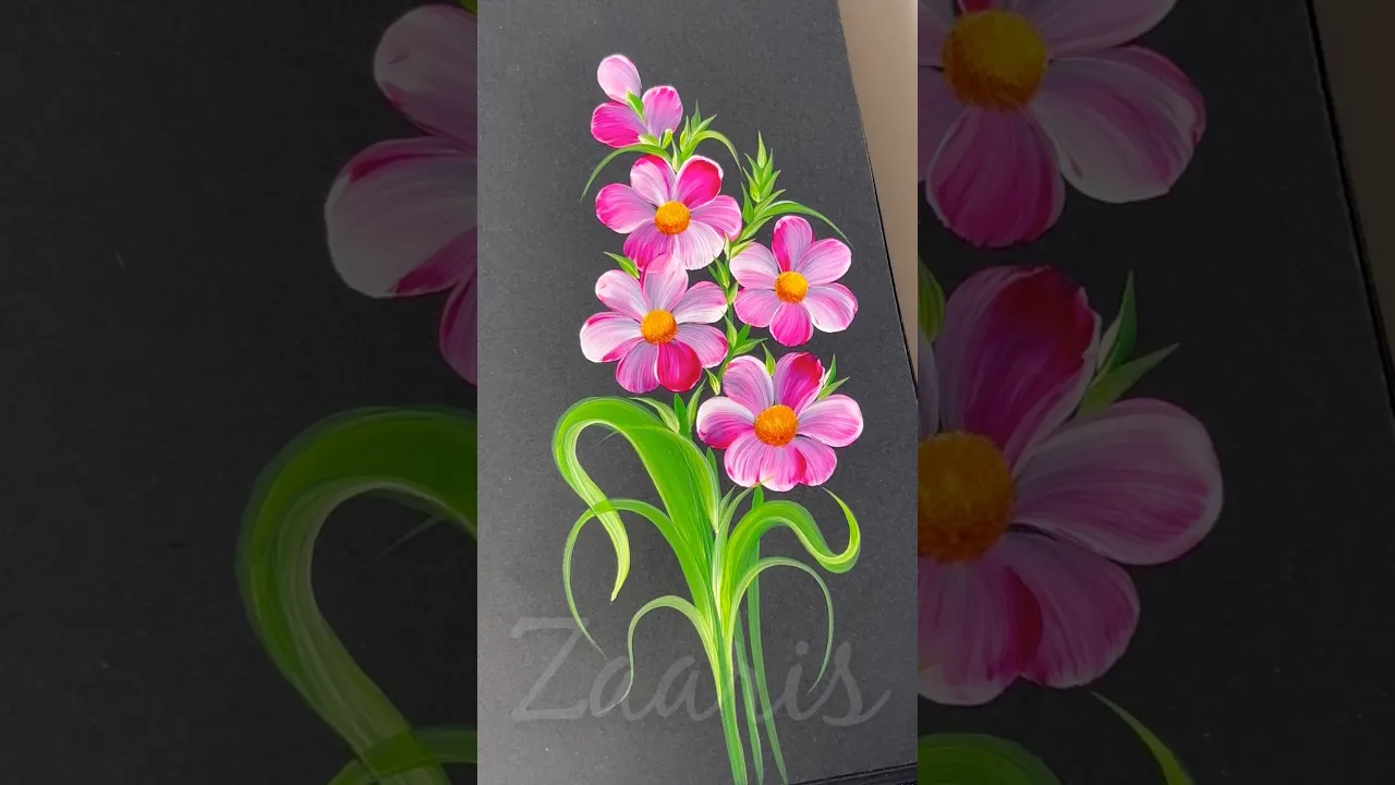 193 💖👌One Stroke painting🌸PINK Flowers acrylic painting 🖌️🎨🫶🌿 #shorts #art #viral #pinkflowers