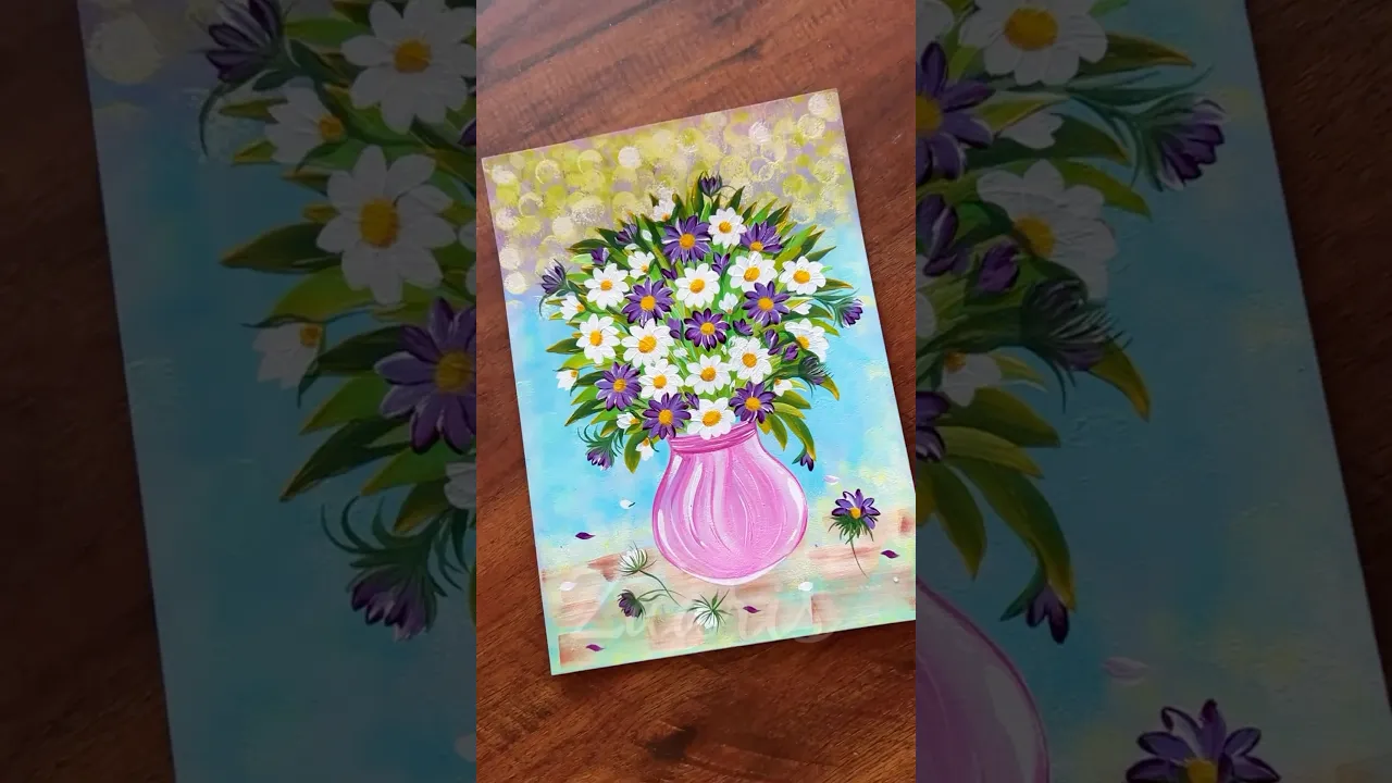 1294 🌸🌼Beautiful Violet & White flowers in a PINK VASE acrylic painting 🎨💞💝🌺🌿 #shorts