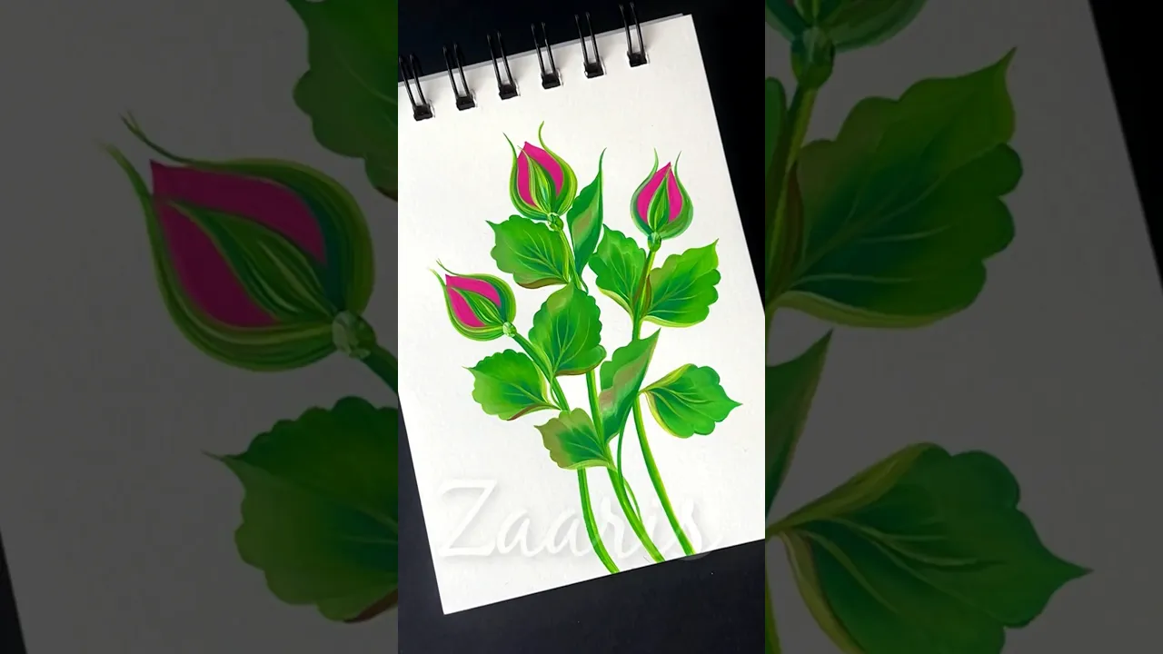 485 🩷💚 Beautiful ROSE FLOWER BUDS painting using acrylic paints & round brush strokes 🖌️🎨