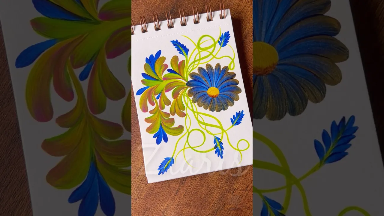 1042 💙🫶💯🎨🤍 Simple BLUE & GOLD flower painting using acrylic paints and a round brush 💙🎨💯 #shorts
