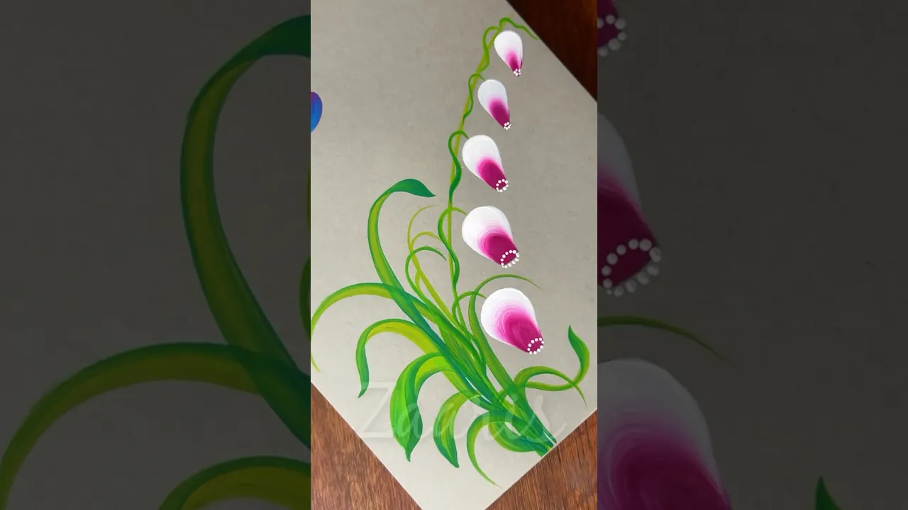 1061 🌺💝PINK OneStroke hanging flowers painting, using acrylic paints 🎨💖🌿 #shorts