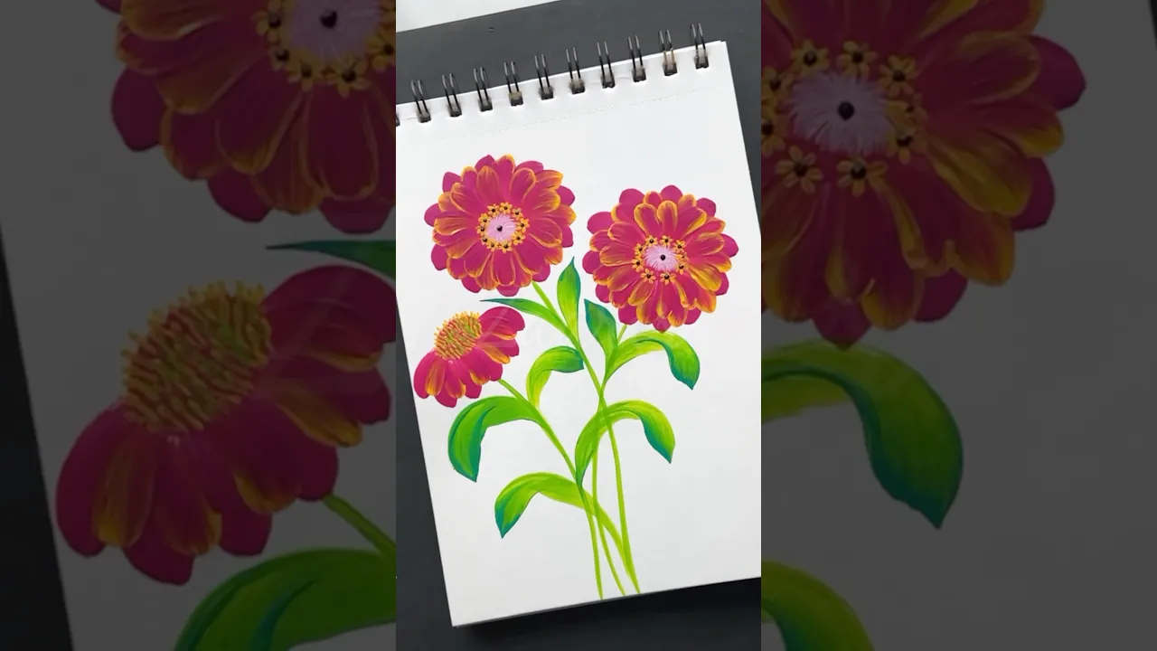 1350 🫶🌺Beautiful ZINNIA FLOWERS PAINTING using acrylic paints 🌺🌿🫶🎨 #shorts #wow #pink