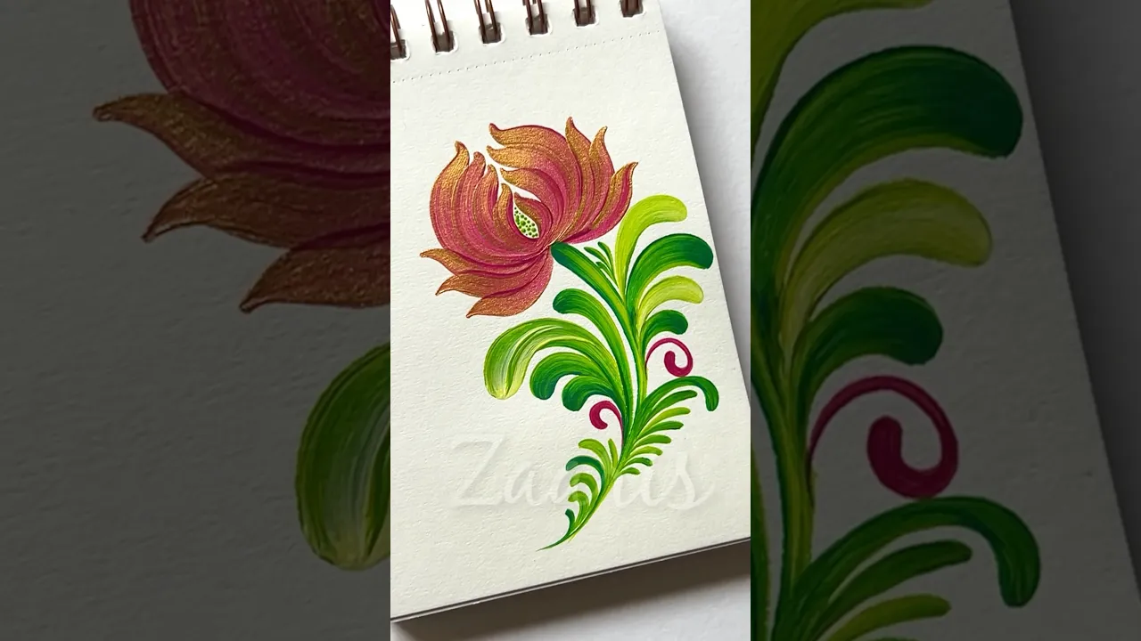 1132 🌸💯🎉Gorgeous PINK & GOLD Petrykivka style Onion Flower painting using acrylic paints 🎨🌸 #shorts