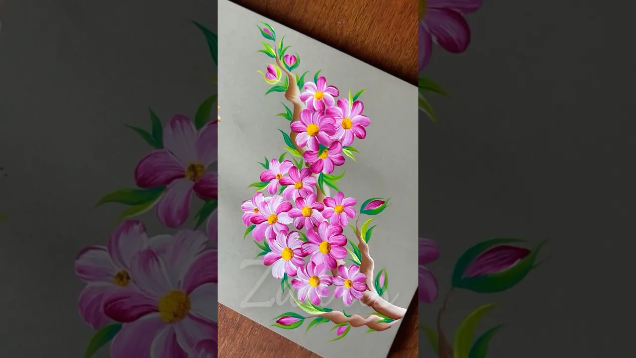 180 🌸🌿One Stroke Painting 💯PINK Flowers acrylic🎨🖌️ #shorts #acrylic #pink #flowers #drawing #viral
