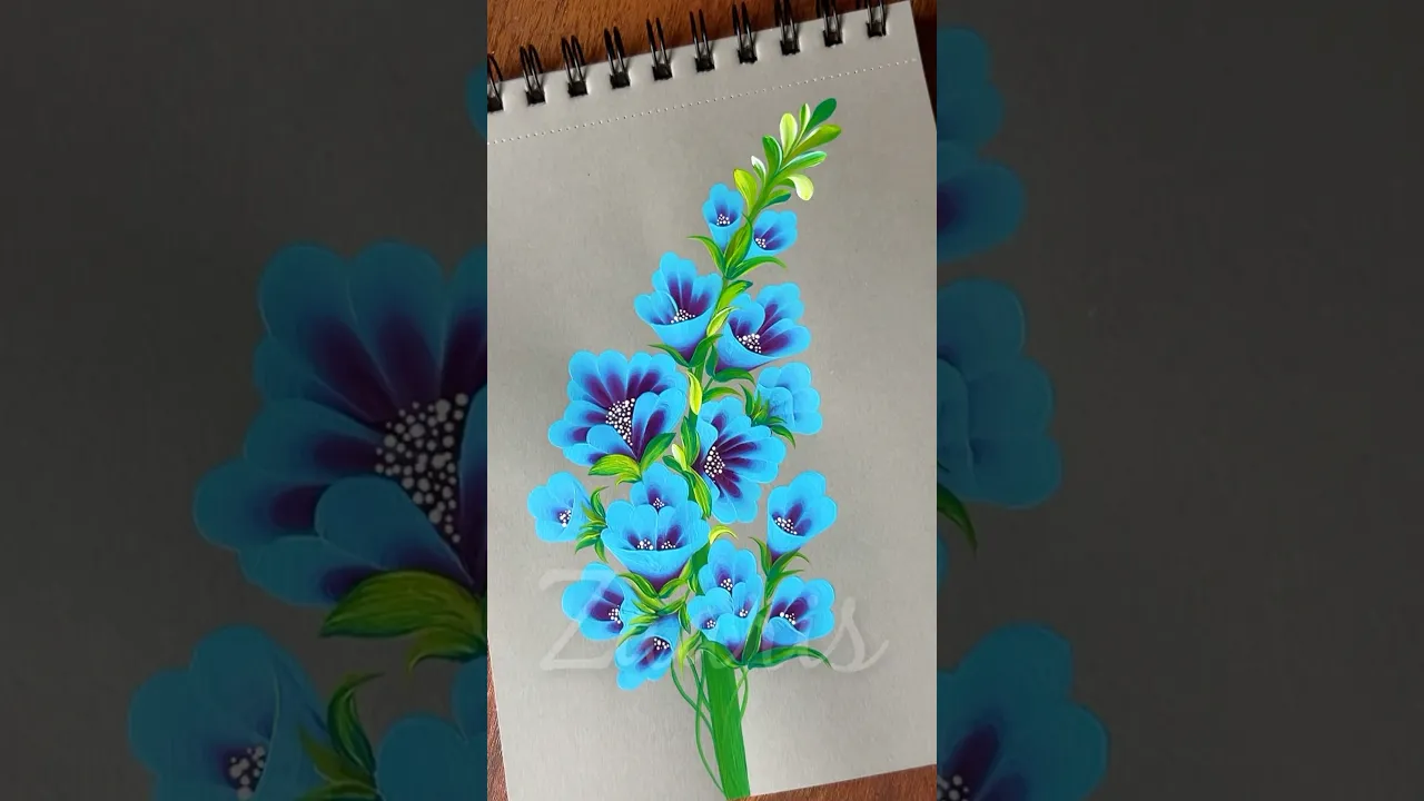 1158 🩵💜💯🎊🎉🫶🎨Vibrant BLUE & VIOLET flowers on a stalk painting, using acrylic paints 🎨🌿 #shorts