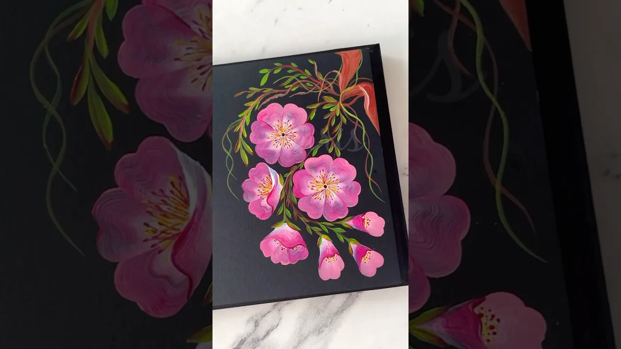 1260 🌸🌿🫶Pretty PINK flowers , easy Onestroke painting using acrylic paints 🌺💯🌿🎨🫶✨ #shorts