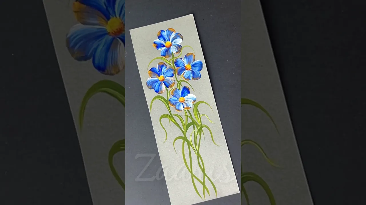 373 Blue Gold flowers painting on a bookmark 💙👌#onestrokepainting #flowerart #acrylicpainting