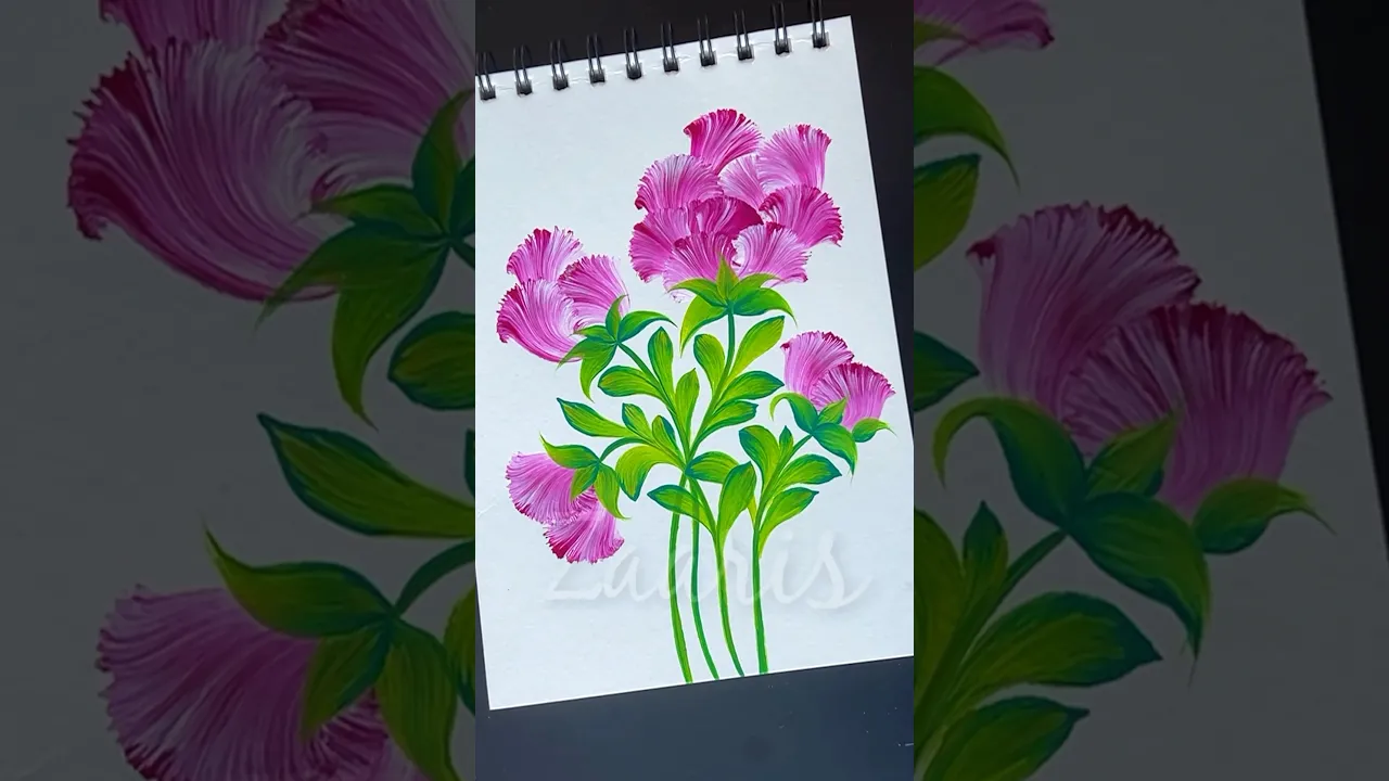1242 🌸🌿💖💯Frilly PINK FLOWERS painting, using acrylic paints 🎨🌺🫶💝🎊✨ #shorts