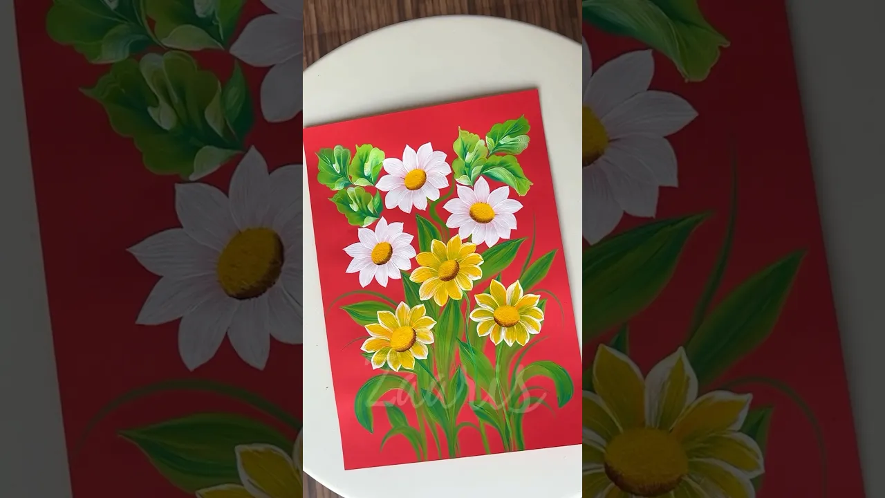 1248 🫶💯Vibrant SPRING COLOURS ❣️ WHITE & YELLOW flowers painting on a RED backdrop 🌺🌿🎨💝#shorts