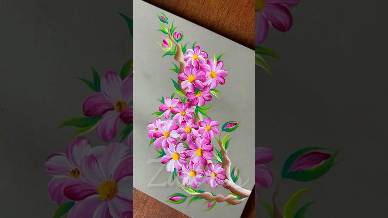 1149 💯💖🌸🫶🌺🎨🌿 Gorgeous PINK FLOWERS BUNCH paintin, using acrylic paints 🎨🌸💯💖🫶🎊🎉✨ #shorts